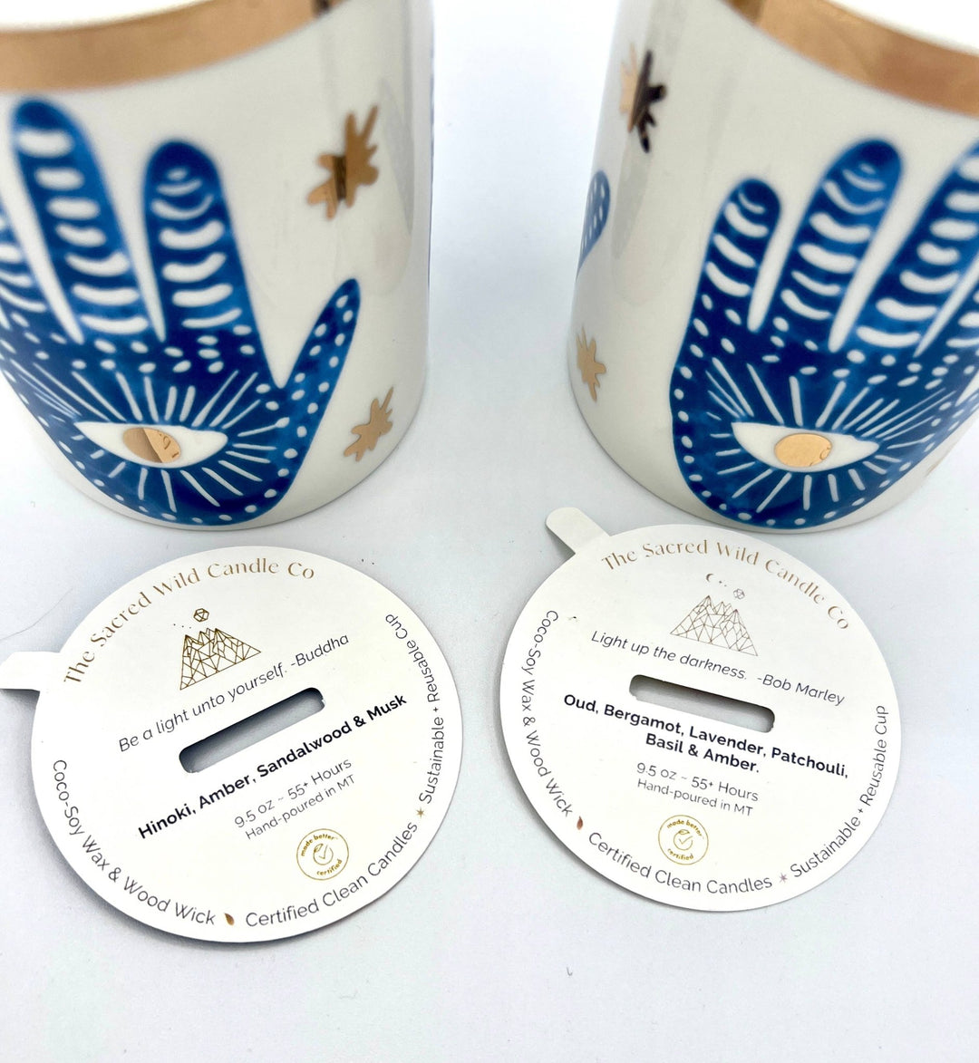 NEW! Beautiful Gold & Blue White Ceramic Hamsa Candle - Meadow Collectivecandle