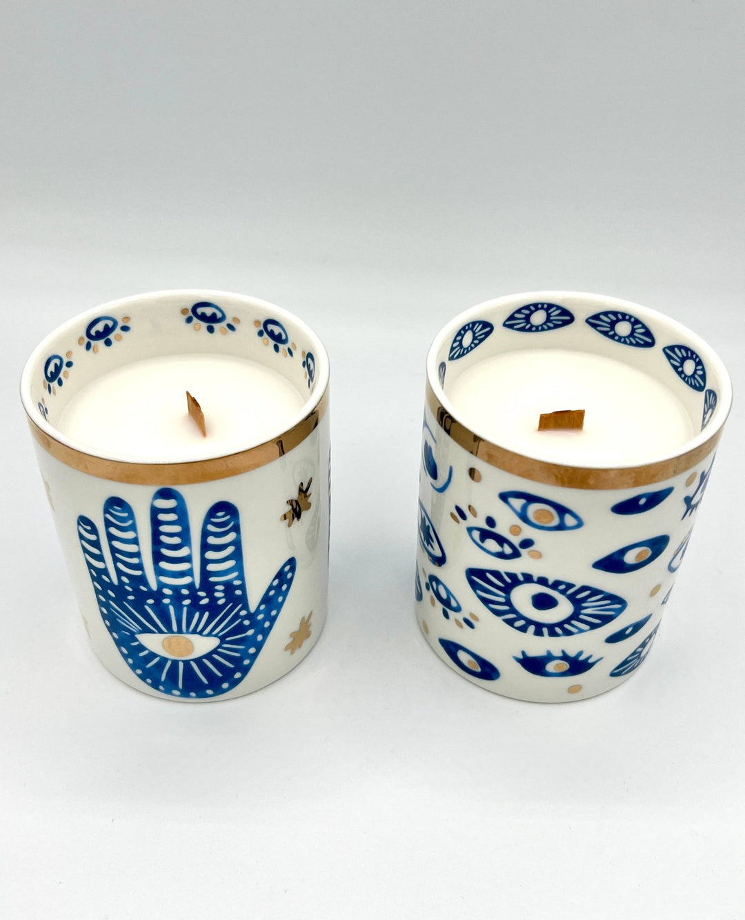 NEW! Beautiful Gold & Blue White Ceramic Hamsa Candle - Meadow Collectivecandle