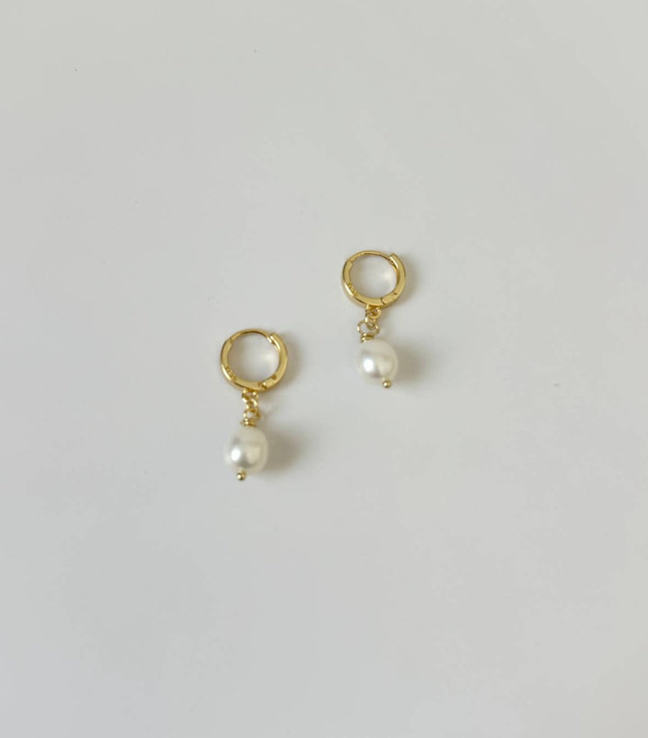 Nicolette Earrings - pearl drop huggie hoops - Meadow Collectiveearrings
