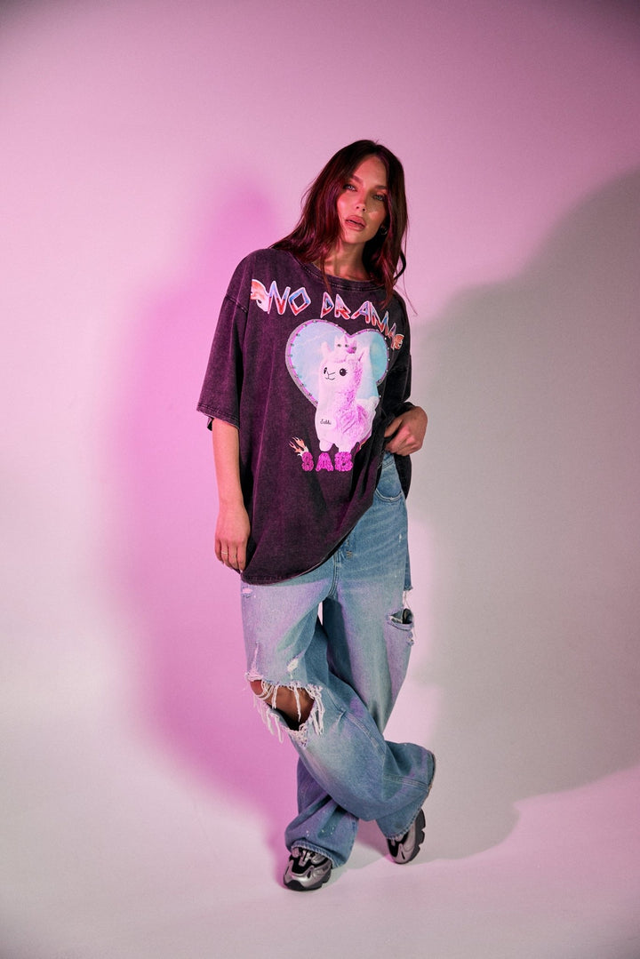 No Drama Llama Tee - Black Acid Wash - Meadow Collectiveoversized tee