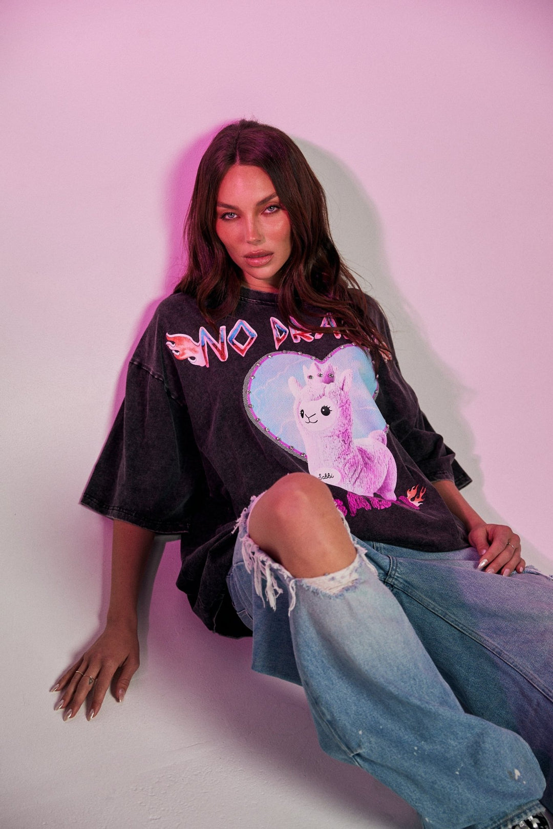 No Drama Llama Tee - Black Acid Wash - Meadow Collectiveoversized tee