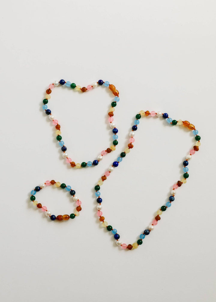 Raw Baltic Amber and Pearl Necklace + Sweet Pink Gemstones - Meadow CollectiveNecklaces
