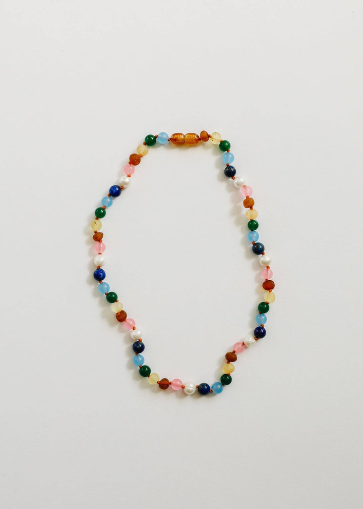 Raw Baltic Amber and Pearl Necklace + Sweet Pink Gemstones - Meadow CollectiveNecklaces