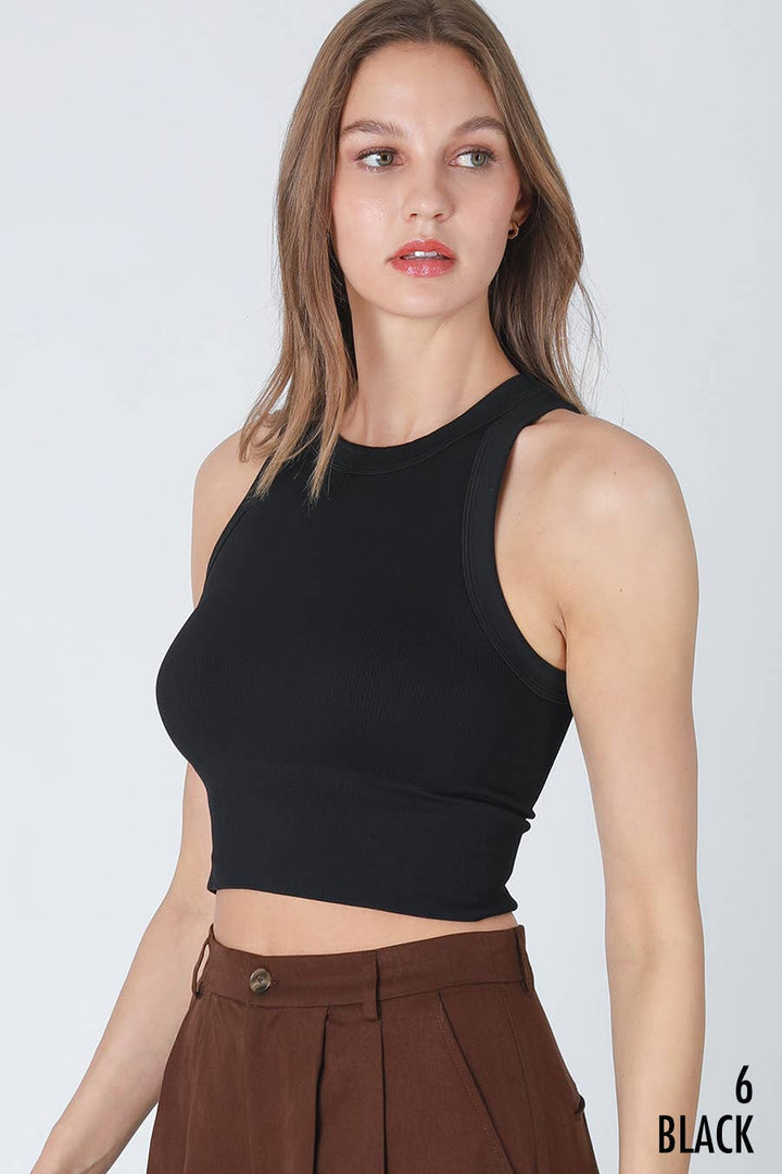 Ribbed High Neck Crop Top - Kombu Green - Meadow Collective