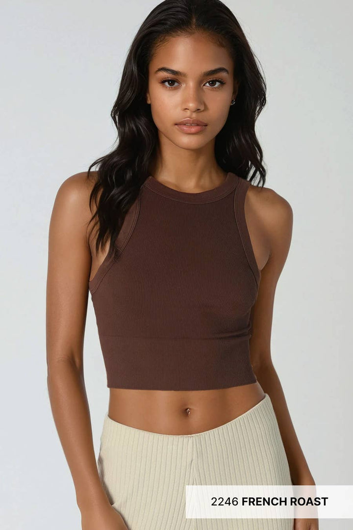 Ribbed High Neck Crop Top - Kombu Green - Meadow Collective