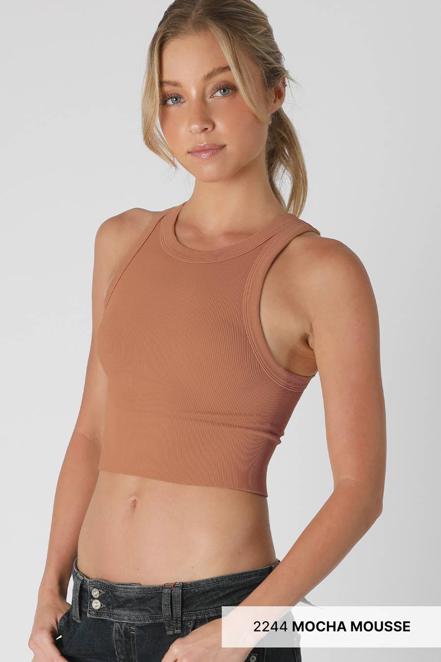 Ribbed High Neck Crop Top - Kombu Green - Meadow Collective