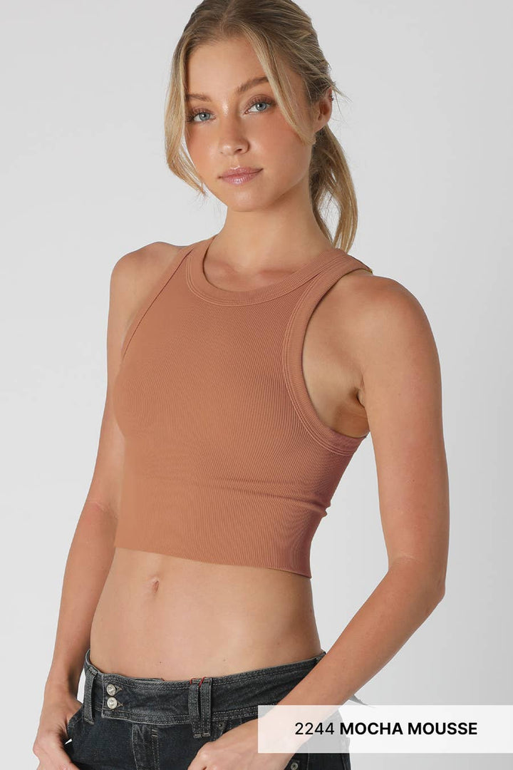 Ribbed High Neck Crop Top - Kombu Green - Meadow Collective