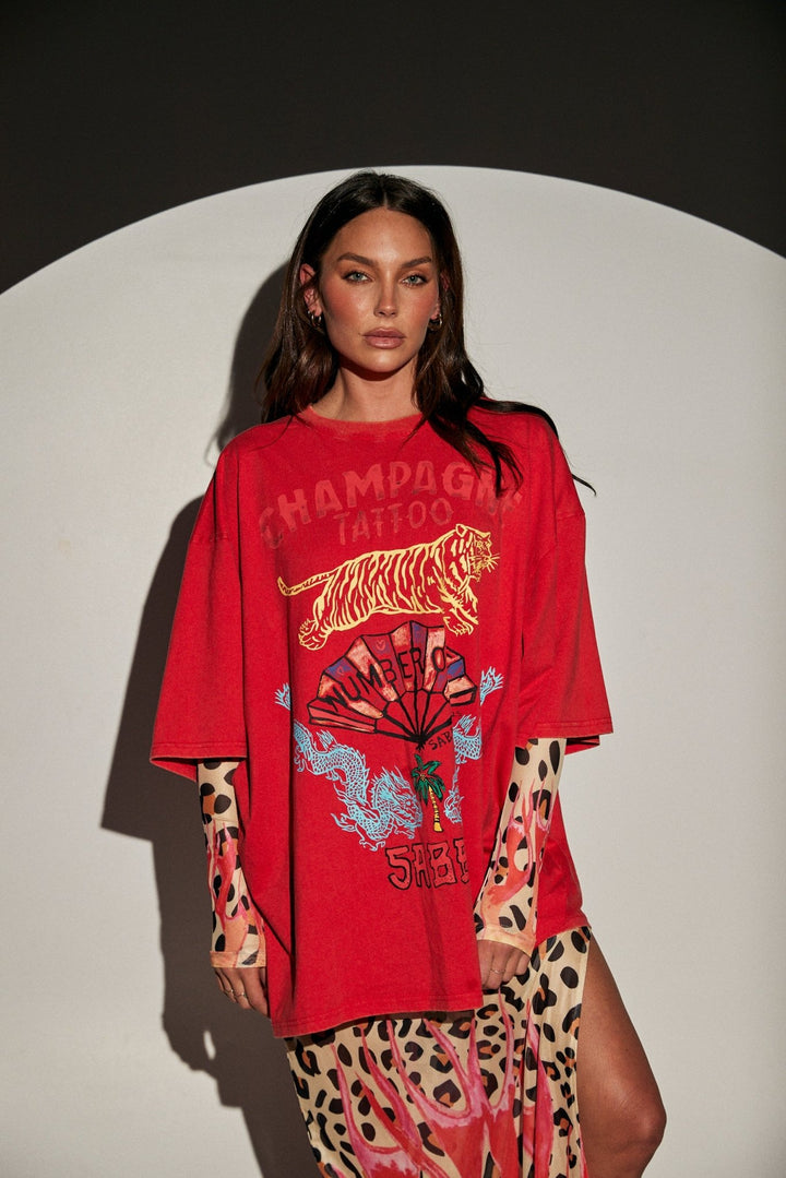 Sabbi Champagne Tattoo Tee - Red - Meadow Collectiveoversized tee