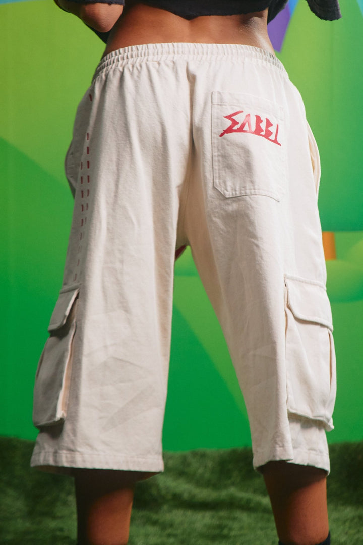 Back view of the cream High Quality Human Jorts showing the back patch pocket