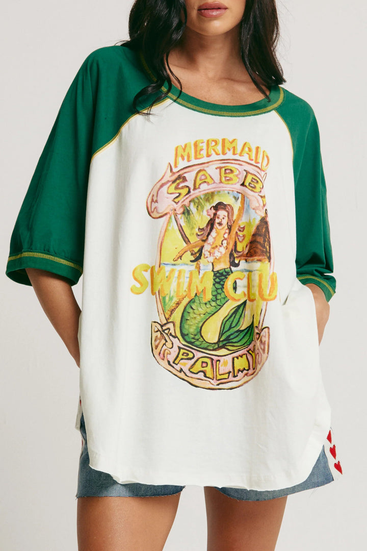 Sabbi Mermaid Swim Club Raglan Tee - Marshmallow & Green - Meadow Collectiveoversized tee