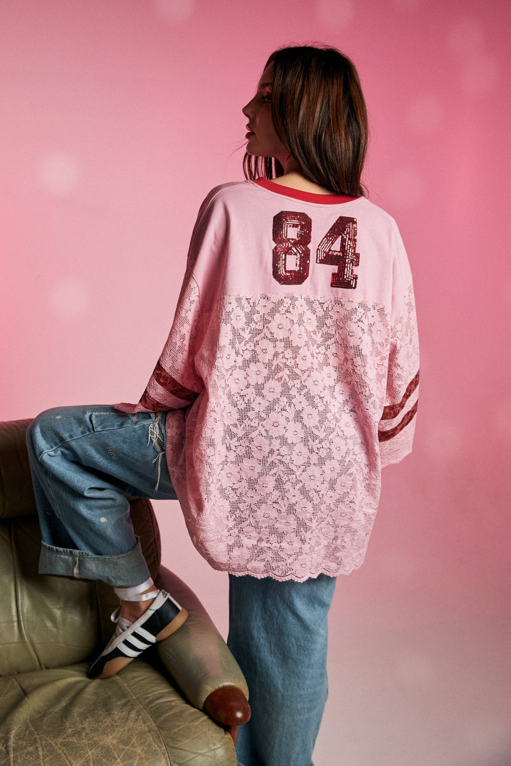 Sabbi Pink Lace Varsity Jersey – Sequin Oversized "Team Love" Streetwear Top - Meadow Collectiveoversized tee
