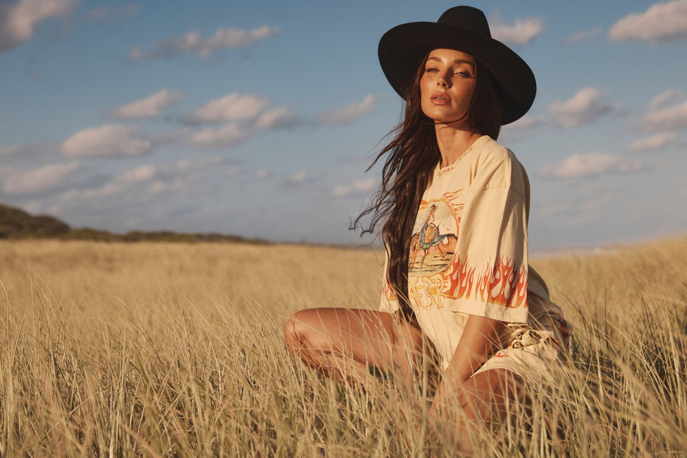 Flaming Cowboy Tee in Sand on model