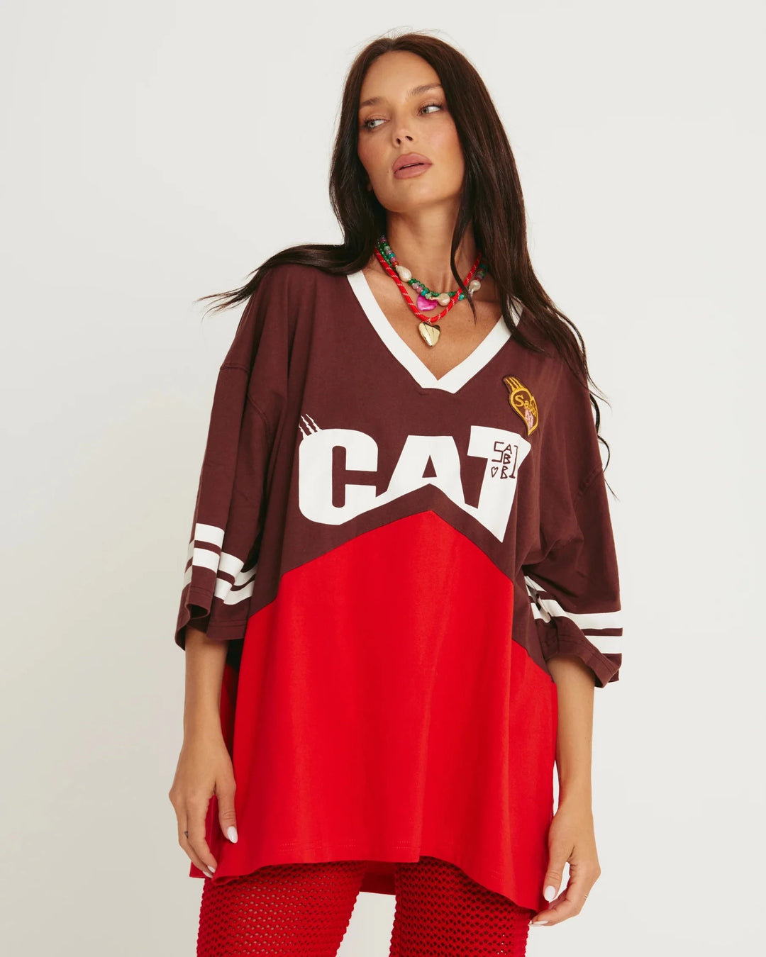 Sabbi Very Oversized Cat V Neck Tee - Red & Chocolate - Meadow Collectiveoversized tee
