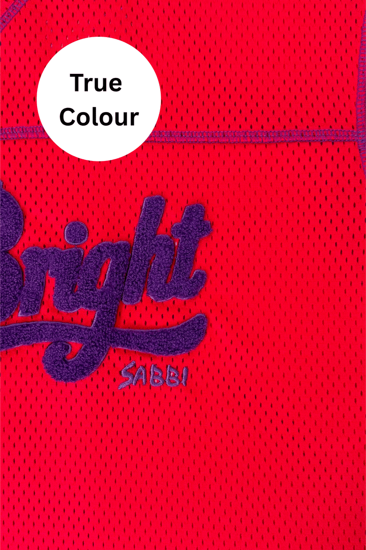 Red Sabbi Shine Bright mesh tee shown true to size on a model