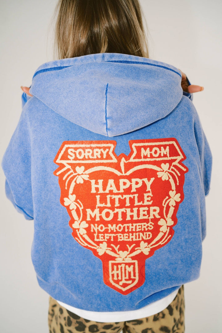 Blue hoodie with red graphic and text on the back, worn by a person.