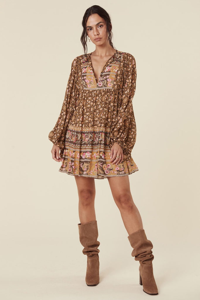 brown boho mini dress Mustard Seed Valentina Latte Brown Puff Sleeve Mini Dress - Size M main image 0