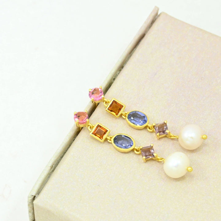 Stella Earring Gold Plated - Pearl, Tanzanite &amp; Tourmaline - Meadow Collectiveearrings