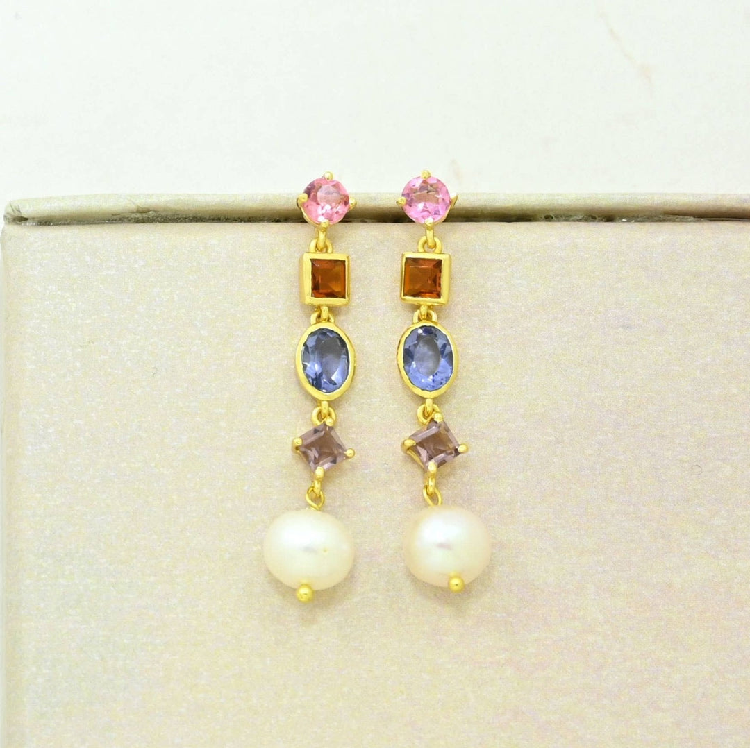 Stella Earring Gold Plated - Pearl, Tanzanite & Tourmaline - Meadow Collectiveearrings