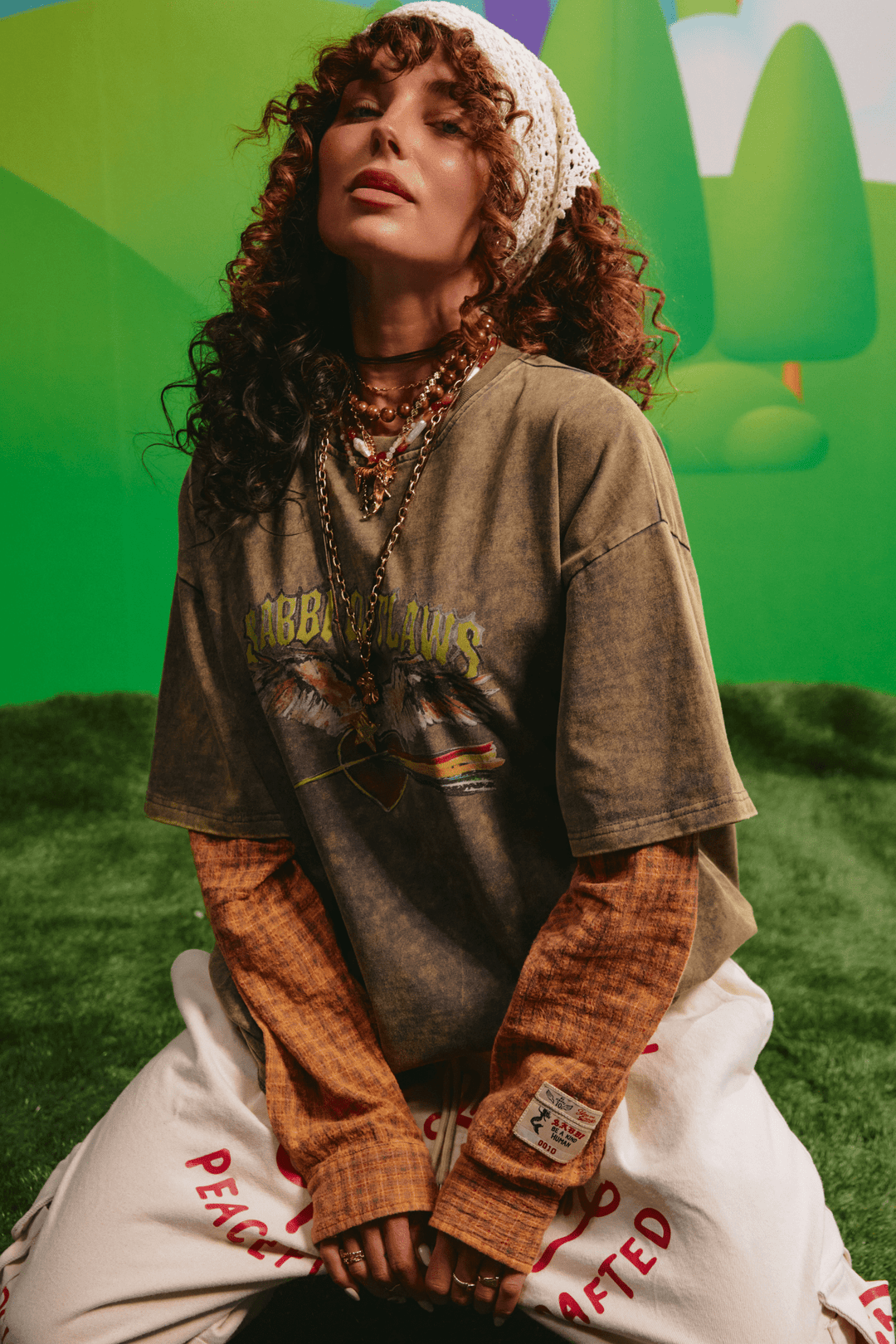 Sabbi Outlaw Shirt Tee in green with orange check sleeves, front view