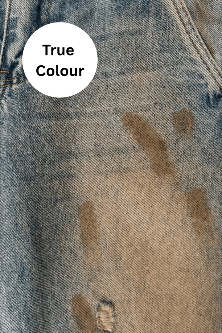 Dirty Denim Jeans shown true to size on a model