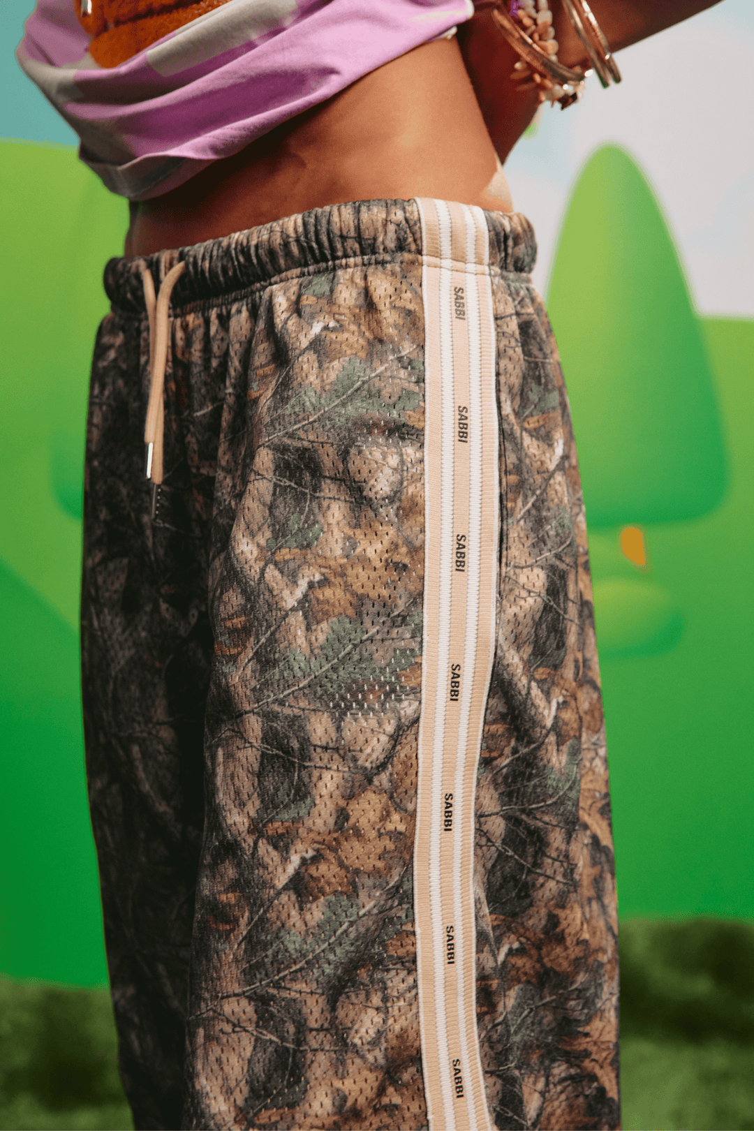 Close-up detail of the camo mesh fabric texture